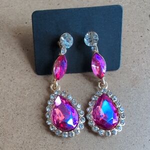 Pink and Gold Dangle Earrings with Sparkling Accents